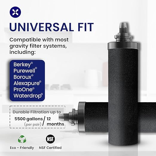 2.25 G Gravity Water Filter System | NSF/ANSI 42 & 372 Certified | AISI 304 Stainless Steel Water Filter | 2 Carbon Filters + 2 POSTreat Fluoride Reduction Elements | No Electricity | Portable