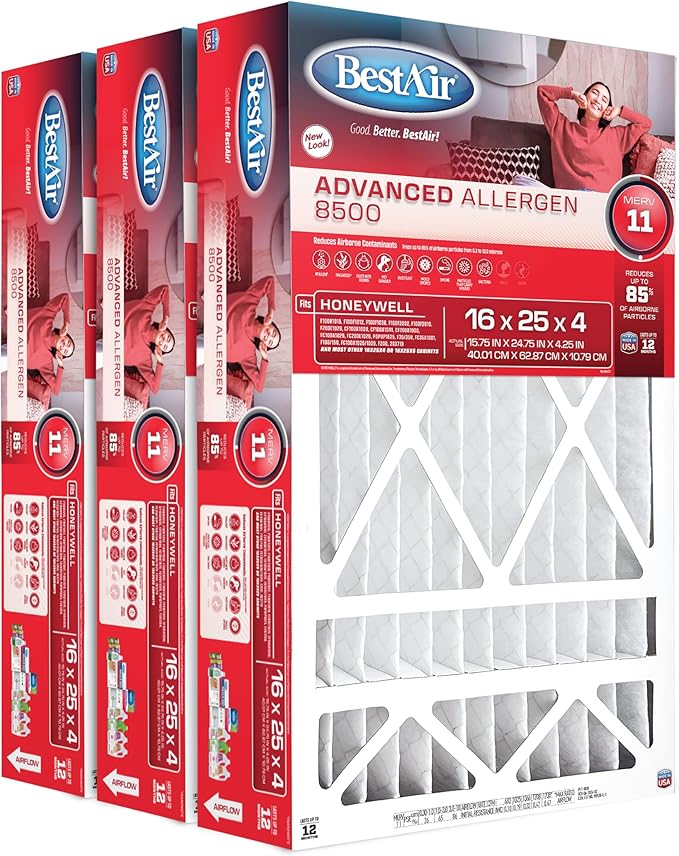 BestAir HW1625-11R AC Furnace Air Filter, 16" x 25" x 4", MERV 11, Removes Allergens & Contaminants, Fits 100%, For Honeywell Models, Pack of 3