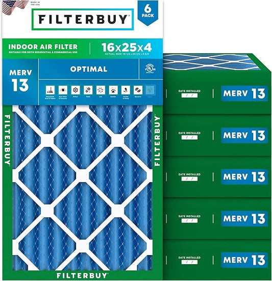 Filterbuy 16x25x4 Air Filter MERV 13 Optimal Smoke & Allergy Defense (6-Pack), Electrostatic Pleated HVAC AC Furnace Filters Replacement (Actual Size: 15.50 x 24.50 x 3.63)