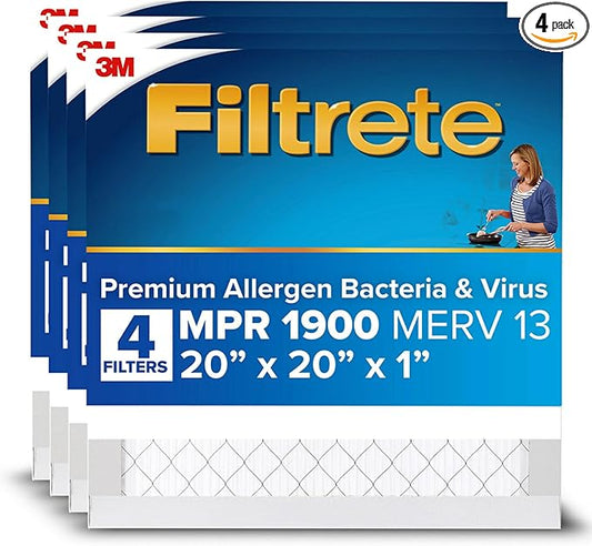 Filtrete 20x20x1 AC Furnace Air Filter, MERV 13, MPR 1900, Premium Allergen, Bacteria & Virus Filter, 3-Month Pleated 1-Inch Electrostatic Air Cleaning Filter, 4-Pack (Actual Size 19.69x19.69x0.78 in)
