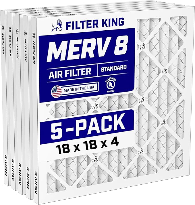 Filter King 18x18x4 Air Filter (MERV 8) (5-Pack) Dust & Allergy Control AC Furnace Filters, MADE IN USA, HVAC, Pleated, Electrostatic (Actual Size: 17.5 x 17.5 x 3.75)
