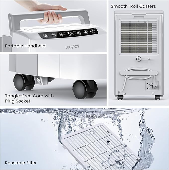 Waykar 2000 Sq. Ft 34 Pints 2025 Most Efficient Energy Star Dehumidifier for Home and Basement with Auto or Manual Drainage, Quiet 33dB Operation, 0.62 Gallon Water Tank Capacity