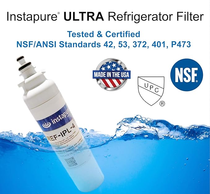 LG® LT800P® Compatible Refrigerator Filter Made in USA by Instapure® NSF/ANSI 42 53 P473 401 Certified for CTO PFOA/PFOS Pharmaceuticals. REF-IPL-4 ULTRA filter fits ADQ73613401 & more