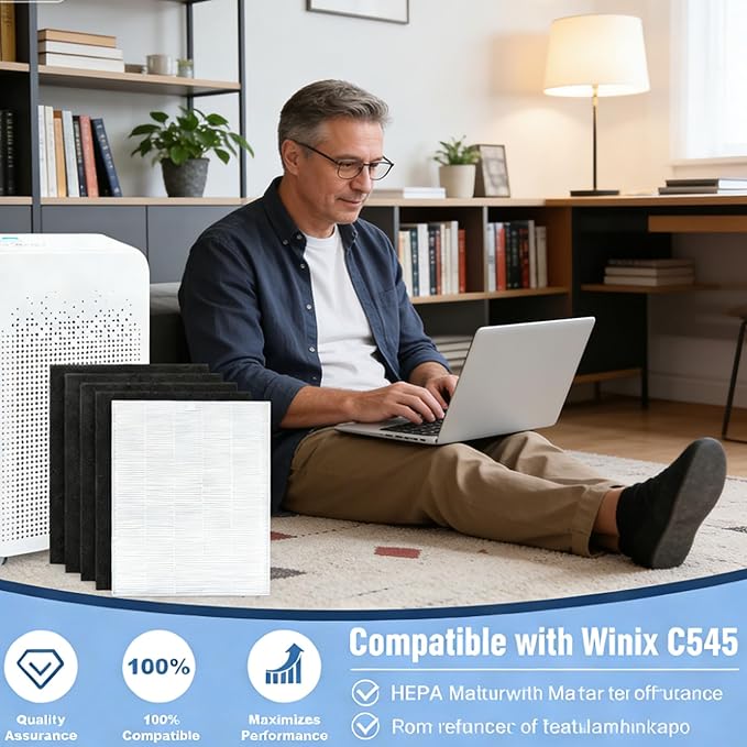 C545 True HEPA Replacement Filter Compatible with Winix C545, B151, P150, 9300 Air Purifier Replacement, Part 1712-0096-00 and 2522-0058-00, 1 HEPA Filter + 4 Activated Carbon Filters