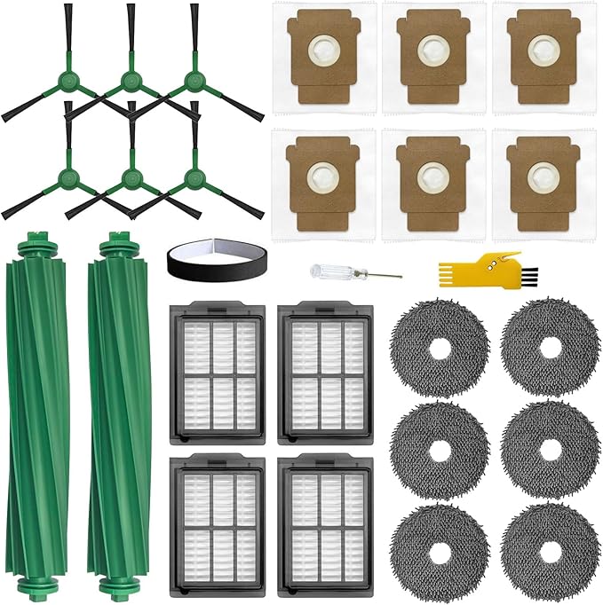 Replacement Parts for iRobot Roomba Plus 405 Combo / 505 Combo Robot Vacuum Cleaner 25 Packs 2 Main Brushes, 4 Filters, 6 Side Brushes, 6 Mop Cloths, 6 Bags, 1 Bumper Stripe