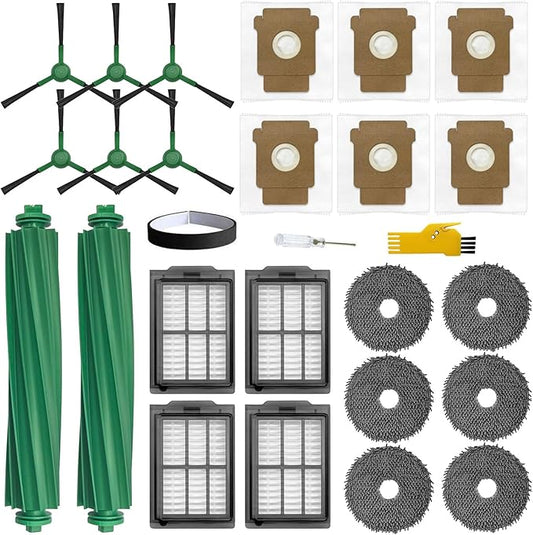 Replacement Parts for iRobot Roomba Plus 405 Combo / 505 Combo Robot Vacuum Cleaner 25 Packs 2 Main Brushes, 4 Filters, 6 Side Brushes, 6 Mop Cloths, 6 Bags, 1 Bumper Stripe