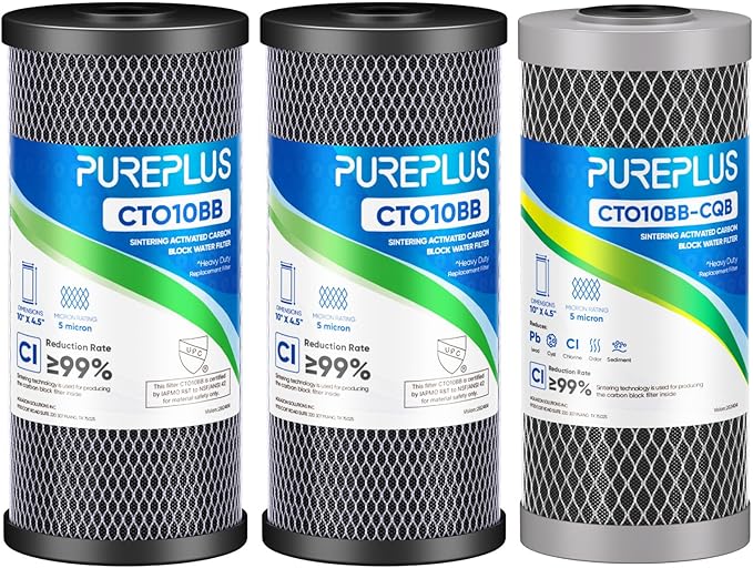 PUREPLUS 3-Pack Whole House Water Filter Set – Includes 2 x CTO10BB Carbon Block Filters and 1 x CTO10BB-CQB Enhanced Lead Reduction Filter, Fits Standard 10" x 4.5" Filter Housings