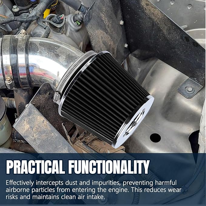 Hovom Universal Clamp-On Air Intake Filter, 76 89 102MM (3/3.5/4in) High Flow Round Tapered Cold Air Intake Filter, High Performance, Washable & Reusable, Engine Filters Replacement (Black)
