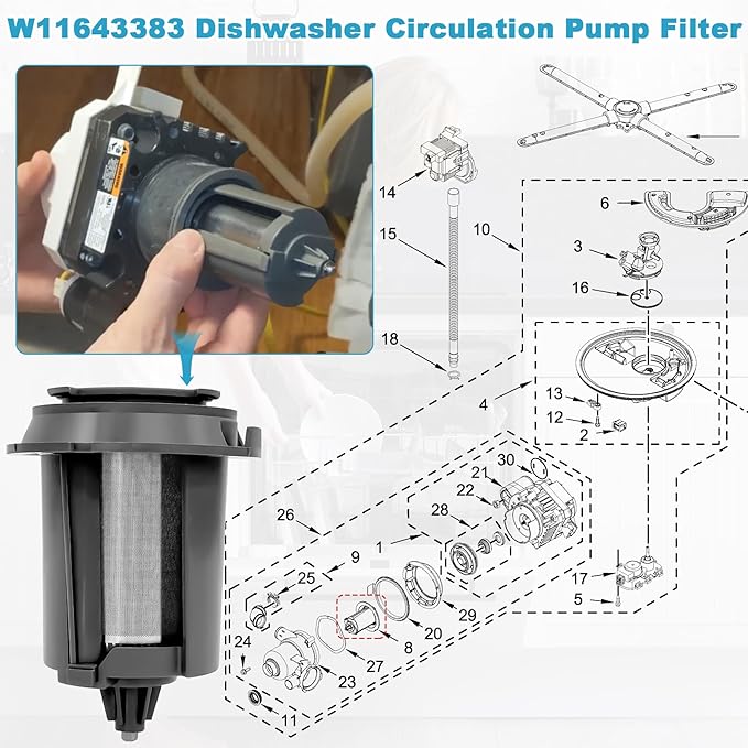 W11643383 Dishwasher Circulation Pump Filter Replaces the W11108699, Compatible with Whirlpool Maytag KitchenAid, Applicable to MDB4949SKB0, KDFM404KBS0, KDTM404KBS0, MDB4949SKB0 Etc