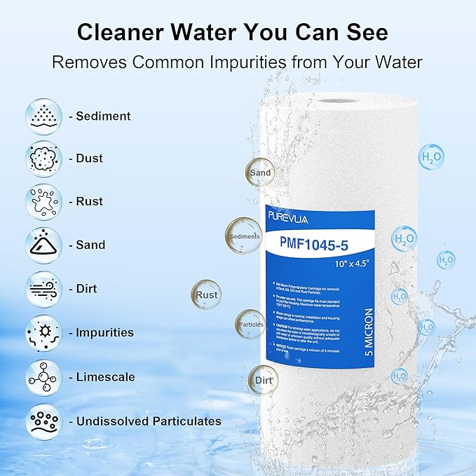 10" x 4.5" Whole House Sediment Water Filter, 5 Micron PP Melt Blown Replacement Cartridge for Well Water, Compatible with GE FXHTC, DGD-5005, RFC-BB, W15-PR, Blue/Clear Housing, 4-Pack
