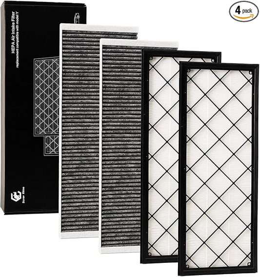HEPA Air Filter for Tesla Model Y 2020 2021 2022 2023 2024 2025 2026,4-PCS Activated Carbon Intake Filter,Compatible with 1658376-00-A/1658375-00-A.