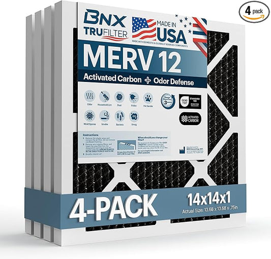 BNX TruFilter 14x14x1 MERV 12 Odor Defense (4-Pack) AC Furnace Air Filter with Activated Carbon - MADE IN USA - Pleated Air Conditioner HVAC AC Furnace Filters - Removes Odor, Mold, Bacteria, Smoke