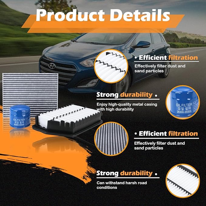 28113-3X000 Engine Air Filter & 26300-35505 Oil Filter & CF10728 Cabin Air Filter Fits for 2011-2016 Hyundai Elantra 2014-2018 Kia Forte
