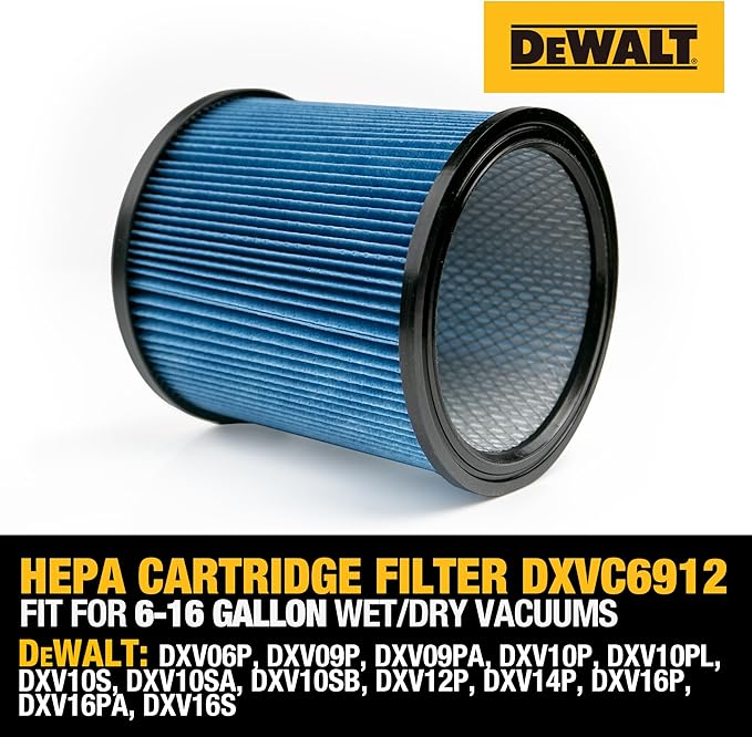 DEWALT HEPA Vacuum Filter Replacement DXVC6912, Fit for 6-16 Gallon Wet Dry Vacuum Cleaner, Compatible with DXV06P, DXV09P, DXV09PA, DXV10P, DXV10PL, DXV10S, DXV10SA, DXV10SB, DXV12P, DXV14P, DXV16P