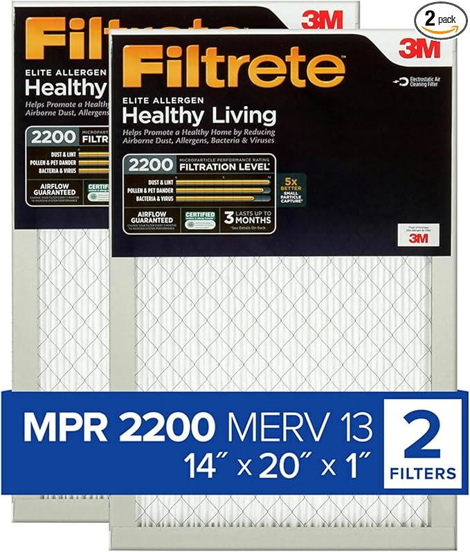 Filtrete 14x20x1 AC Furnace Air Filter, MERV 13, MPR 2200, Elite Allergen, Bacteria & Virus Filter, 3-Month Pleated 1-Inch Electrostatic Air Cleaning Filter, 2-Pack (Actual Size 13.81x19.81x0.78 in)