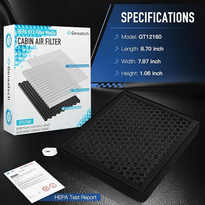 HEPA Cabin Air Filter with Activated Carbon Bean, Tested 99.95% Filtration, Zero deformation, CF12160 for Hyundai Kona/Tucson/Veloster/Venue; Kia Seltos/Soul/Sportage/Soul EV