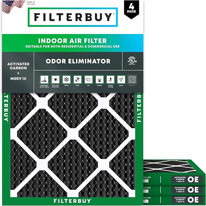 Filterbuy 24x30x1 Air Filter MERV 10 Odor & Allergy Defense with Activated Carbon (4-Pack), Electrostatic Pleated HVAC AC Furnace Filters Replacement (Actual Size: 23.88 x 29.88 x 0.75)