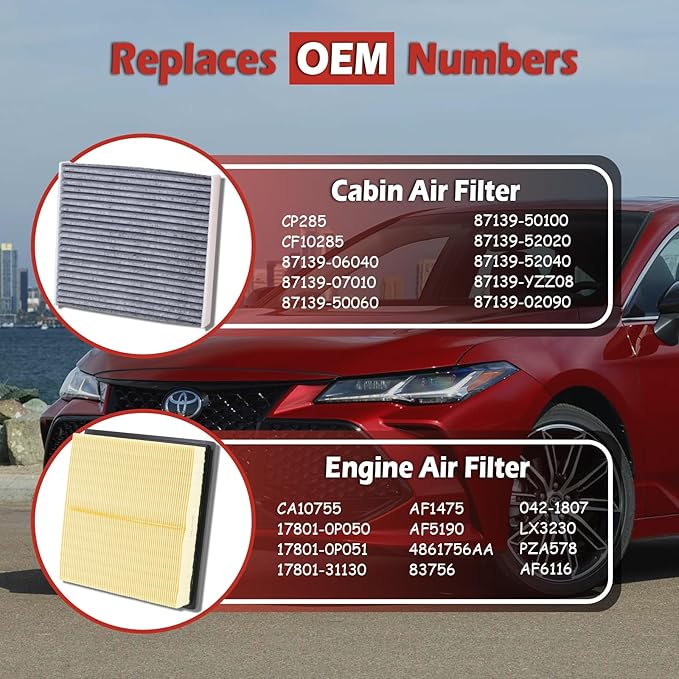 CA10755 Engine Air Filter and CF10285 Cabin Air Filter kit Compatible with 2011-2020 Toyota Sienna 2013-2018 Avalon Non-Hybrid 2012-2017 Camry Non-Hybrid 2013-2018 Lexus ES350 2015-2017 NX200T