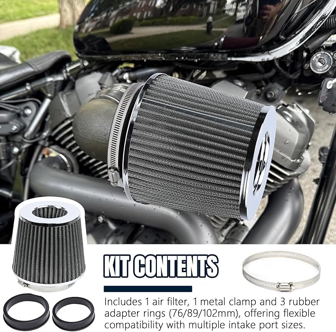 Hovom Universal Clamp-On Air Intake Filter, 76 89 102MM (3/3.5/4in) High Flow Round Tapered Cold Air Intake Filter, High Performance, Washable & Reusable, Engine Filters Replacement (Silver)