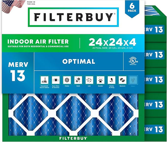 Filterbuy 24x24x4 Air Filter MERV 13 Optimal Smoke & Allergy Defense (6-Pack), Electrostatic Pleated HVAC AC Furnace Filters Replacement (Actual Size: 23.38 x 23.38 x 3.63)
