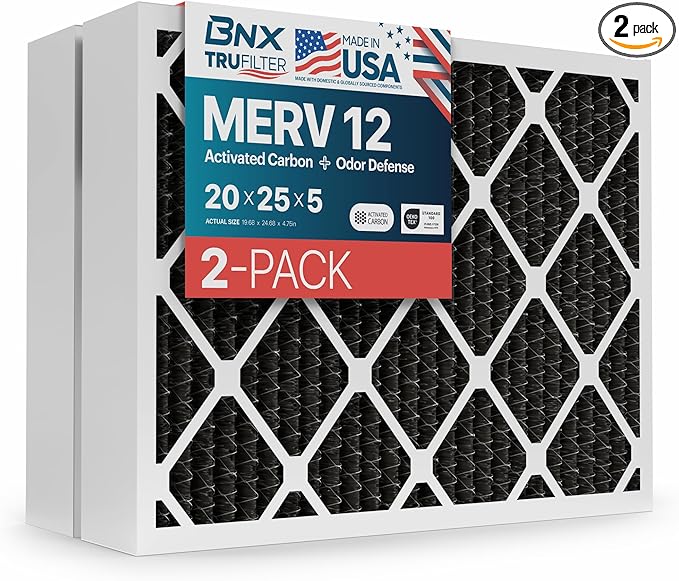 BNX TruFilter 20x25x5 (19.88’’ x 24 75’’ x 4.38‘ Honeywell Compatible 4”) MERV 12 Activated Carbon Air Filter (2-Pack) - MADE IN USA - Air Conditioner Furnace Filters for Odor, Mold, Bacteria, Smoke
