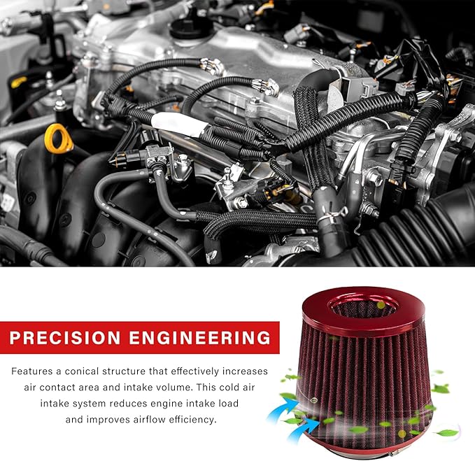 Sun Walker Clamp-on Air Intake Filter, 3/3.5/4 Inch High Flow Round Tapered Air Filter for Enhanced Engine Power, Washable & Reusable Cone Filters Replacement for Car Truck Motorcycle (Red)