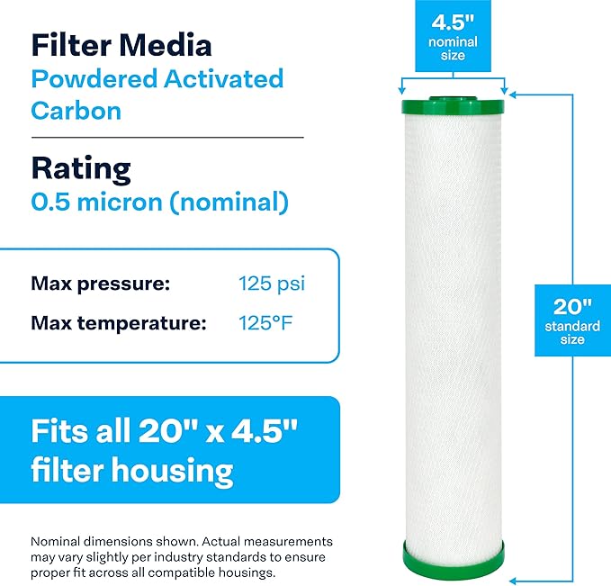SpiroPure SP-CBR2-20BB 20x4.5 0.5 Micron NSF Certified Coconut Shell Carbon Block Water Filter Cartridge CBC20-BB 155312-43 SMCB-4520 (Case of 4)