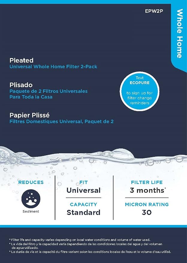 EcoPure EPW2P Pleated Universal Whole Home Water Filter – Fits Standard Capacity Systems – NSF Certified-– 30 Micron-– Reduces Sediment,Sand,Dirt & Rust-– 3-Month Life per Filter,(Pack of 4)