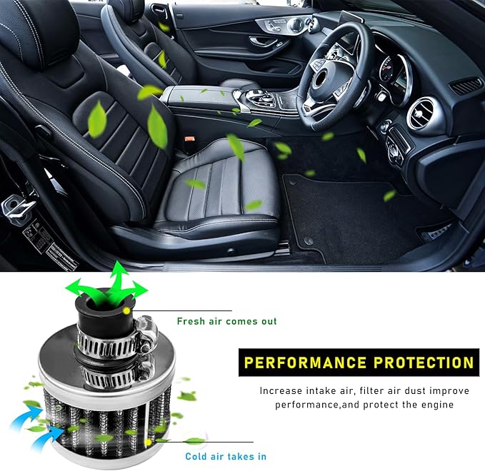 12mm Mini Air Filter, Universal Motor Cold Air Intake Filter Breather, Auto Turbo Vent Intake Filter Cleaner, Crankcase Breather Car Accessories for Motorcycle Engine Parts (Carbon Fiber)