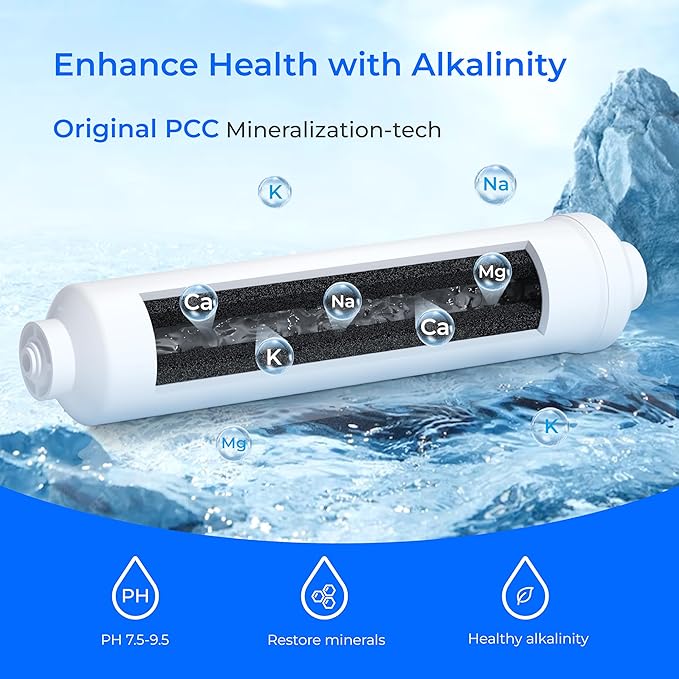 Waterdrop ALK35 𝐀𝐥𝐤𝐚𝐥𝐢𝐧𝐞 Water Filter, Alkaline Filter for Reverse Osmosis System, pH Balance and Restore Minerals for RO Filter, Under Sink Water Filter, 1/4" Quick Connect