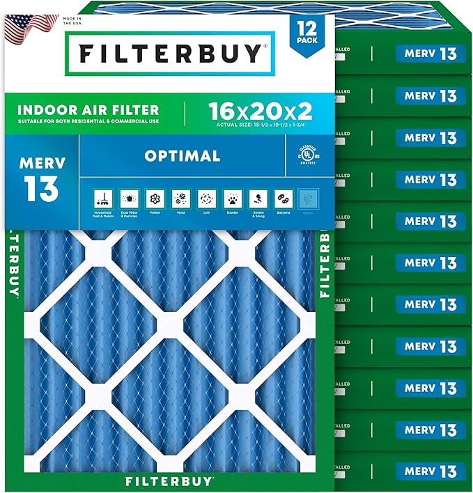 Filterbuy 16x20x2 Air Filter MERV 13 Optimal Smoke & Allergy Defense (12-Pack), Electrostatic Pleated HVAC AC Furnace Filters Replacement (Actual Size: 15.50 x 19.50 x 1.75)