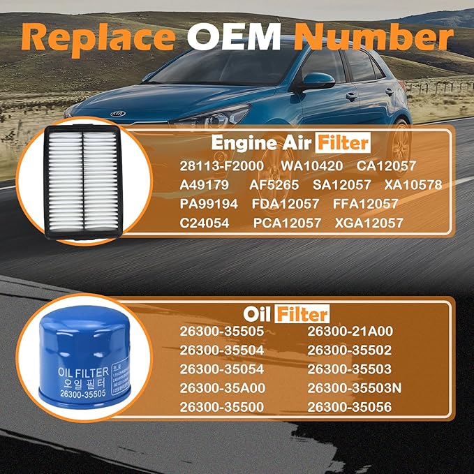 Kefly 28113-F2000 Engine Air Filter & 26300-35505 Oil Filter Fits for 2020-2023 Kia Soul, 2019-2024 Forte, 2018-2023 Hyundai Kona, 2019-2021 Veloster, 2017-2020 Hyundai Elantra