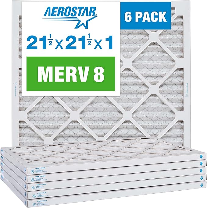 Aerostar 21.5x21.5x1 MERV 8 Air Filter, Pleated AC Furnace HVAC Filters (21.5x21.5x0.75), Electrostatically Charged for Allergies Dust Pet Dander Pollen Mold Lint, MPR 600 FPR 5, USA, 6 Pack