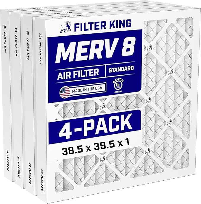Filter King 38.5x39.5x1 Air Filter (MERV 8) (4-Pack) Dust & Allergy Control AC Furnace Filters, MADE IN USA, HVAC, Pleated, Electrostatic (Actual Size: 38.5 x 39.5 x .75)