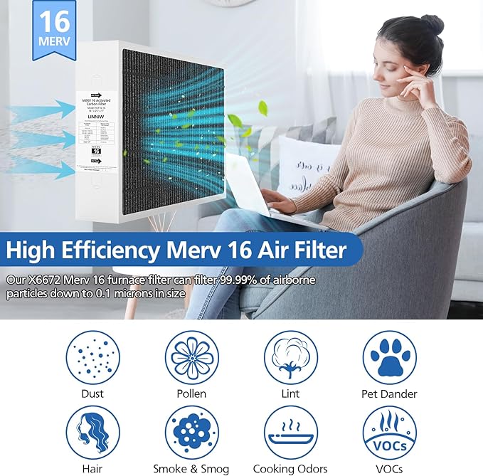 2 Pack X6672 16x25x5 MERV 16 Filter Compatible with Lennox X6672 and Lennox HCC16-28 Healthy Climate Carbon Clean MERV 16 Home Furnace Filter for HVAC System, Part Number HCF16-16, HCF16-10