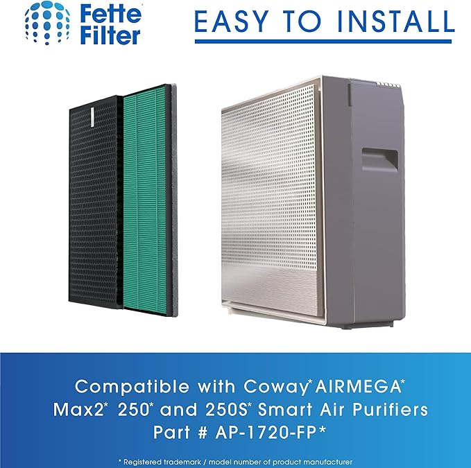 2 Pack 250/250S Replacement Filter for Coway AIRMEGA 250 / 250S Smart Air Purifier Max 2 Green True HEPA with Active Carbon Filter Part # AP-1720-FP AP1720FP (Pack of 2)