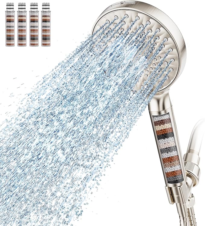 SR SUN RISE Filtered Shower Head with Handheld High Pressure 9 Spray Mode Showerhead Detachable Shower Head Water Softener Filters Beads for Hard Water Remove Chlorine 4 Filters Brushed Nickel
