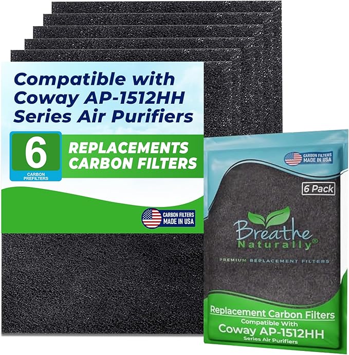 Breathe Naturally Replacement Filter Compatible with Coway AP-1512HH Series Air Purifiers - Air Purifier Carbon Filter - Activated Charcoal Filter Sheets - 15”x13”x0.2” (Pack of 6 Carbon Prefilters)