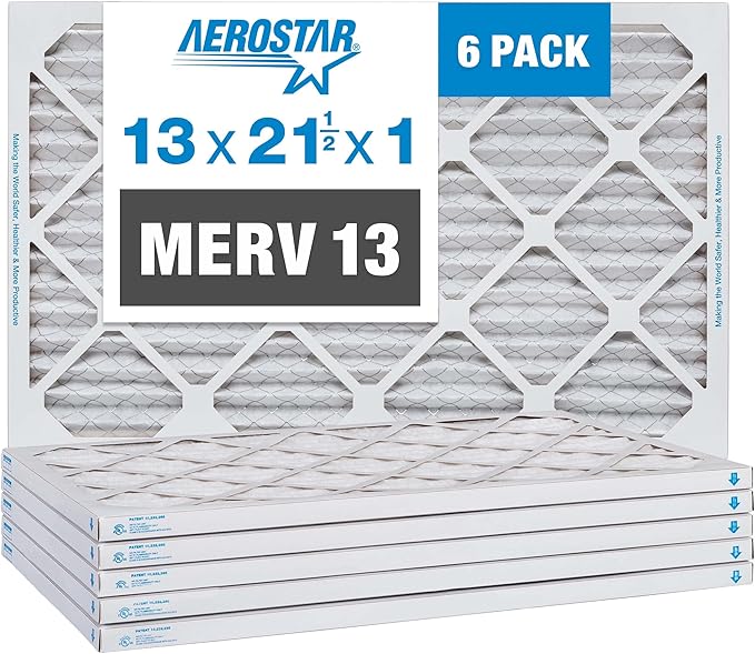 Aerostar 13x21.5x1 MERV 13 Air Filter, Pleated AC Furnace HVAC Filters (12.875x21.5x0.75), for Allergies Asthma Dust Pet Dander Pollen Smoke Bacteria, MPR 1200 FPR 7, USA, 6 Pack