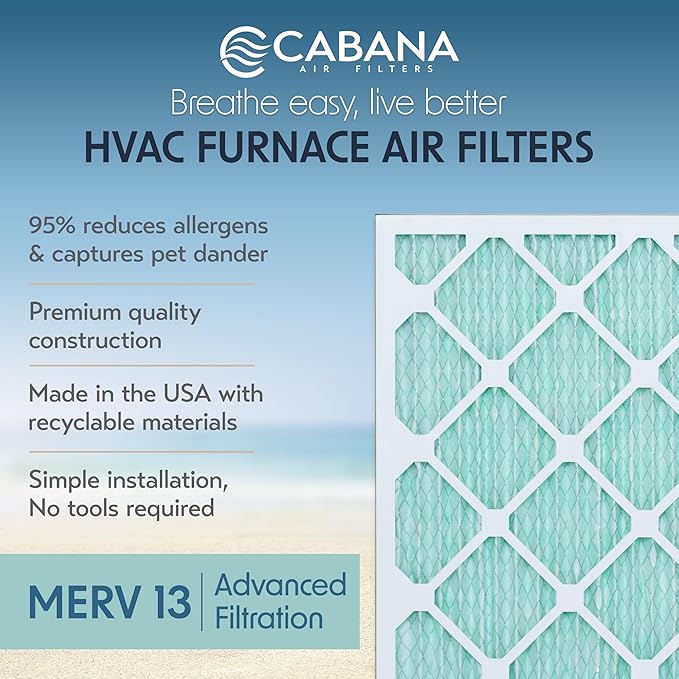 Cabana Filters 6-Pack 16x20x1 MERV 13 AC Furnace Air Filter for Home and Office - Indoor HVAC System Filtration Replacement, Captures Unwanted Particles