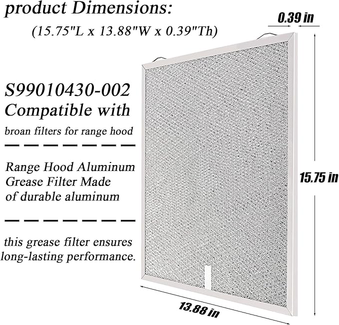 S99010430-002 Range Hood Filter (15.75"L x 13.88"W x 0.39"Th), for Broan-Nutone Exhaust Fan Range Hood - 2 pack