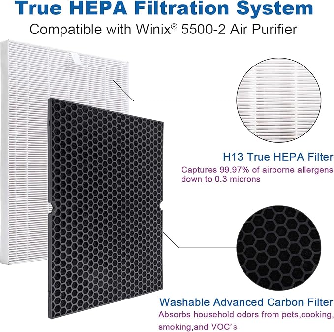 Flintar 116130 Replacement Filter H, Compatible with Winix 5500-2 Air Purifier, H13 Grade Filtration and Washable Advanced Carbon Filter, Part # 116130, 2-Pack
