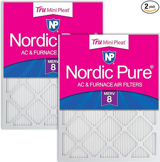 Nordic Pure 16x24x1 (Actual Size: 15 3/8 x 23 3/8 x 3/4) Tru Mini Pleat MERV 8 AC Furnace Air Filters - 2.5X More Media for Longer-Lasting, High-Efficiency Filtration - 2 Pack