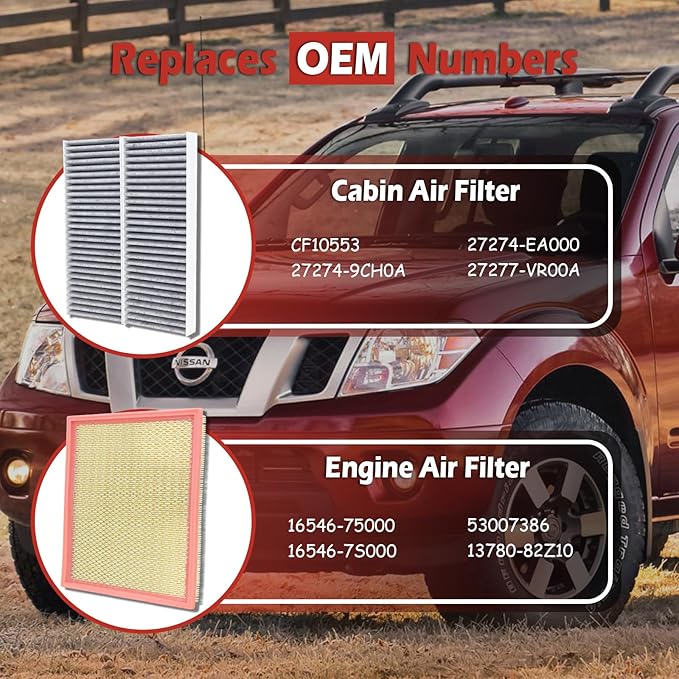 16546-75000 Engine Air Filter and 27274-9CH0A Cabin Air Filter kit Compatible with 2005-2019 Nissan Frontier 2012-2015 NV1500 NV2500 NV3500 2005-2012 Pathfinder Replaces 16546-7S000 CF10553