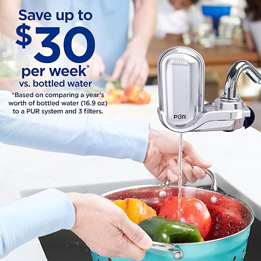 PUR PLUS Vertical Faucet Mount Water Filtration System, Lead-Reducing Filter, Great-Tasting Water, Easy Install, Lasts 100 Gallons, Compatible with Sinks with External Aerators, Chrome