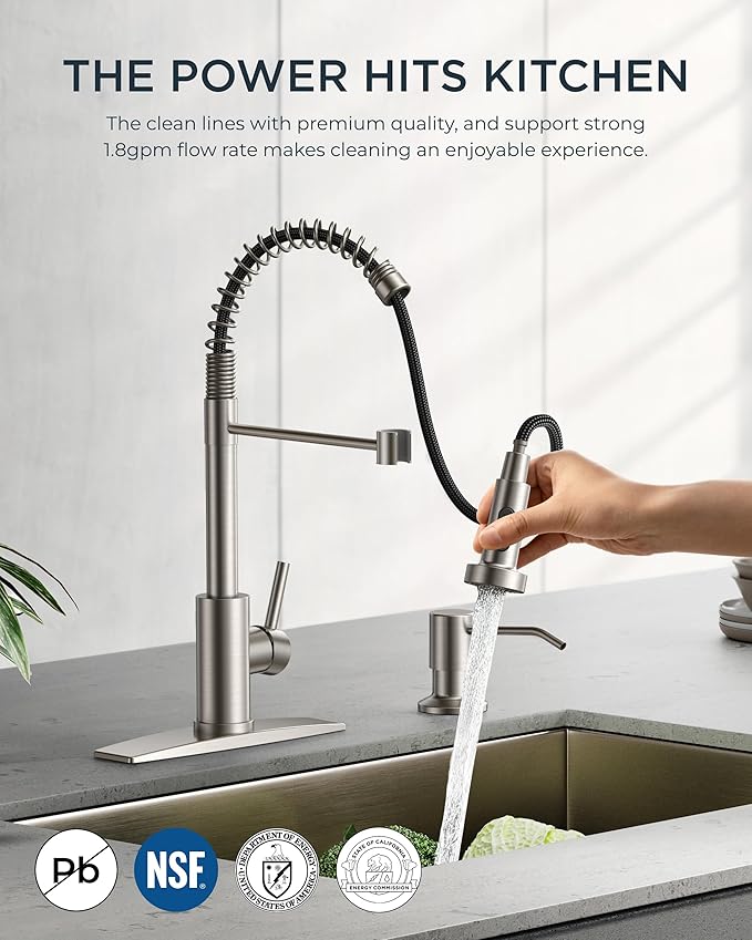 FORIOUS Kitchen Faucet with Soap Dispenser, Brushed Nickel Stainless Steel Spring Sink Faucet with Pull Down Sprayer Transitional Single Handle for Pot Filler, Farmhouse Camper Bar Laundry Room