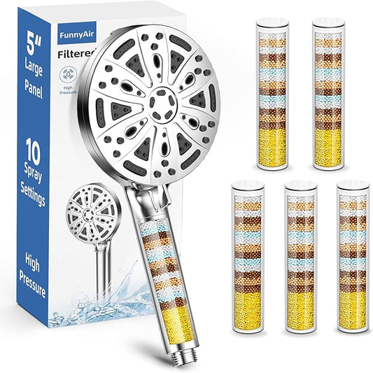 Filtered Shower Head with Handheld, FunnyAir 10-Spray Modes 5" High Pressure Shower Heads, 5-PCS Filters Filtered Shower Head with Handheld, 2 Built-in Power Jets Shower Heads, Chrome