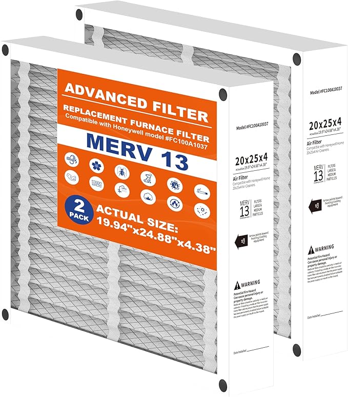 20x25x4 Air Filter Replacement, Compatible with Honeywell FC100A1037, MERV 13 HVAC AC Furnace Filters, Actual Size: 19.94” x 24.88” x 4.38” - 2PACK