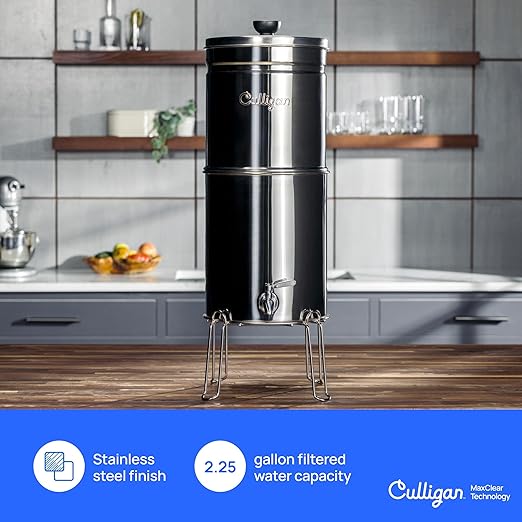 Culligan MaxClear 2.25 Gallon Gravity Water Filter System, Polished Stainless-Steel Countertop Water Filter NSF/ANSI Certified to Reduce Microplastics, Lead & Total PFAS, with 1 Ceramic Filter