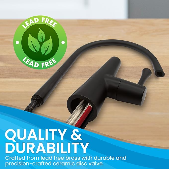 Metpure Airgap 3-Port Brass RO Faucet for Reverse Osmosis Drinking Water Systems. Features Pre-Installed Drain Tubes, Contemporary Design. Includes Wrench and Adapters. (Matte Black)